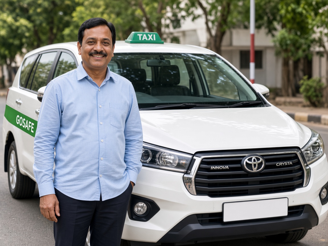 A GOSAFE driver standing beside a Toyota Innova Crysta