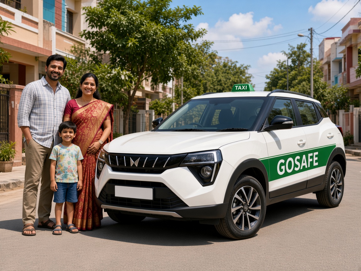 A family standing beside a Mahindra XUV 3XO GOSAFE taxi
